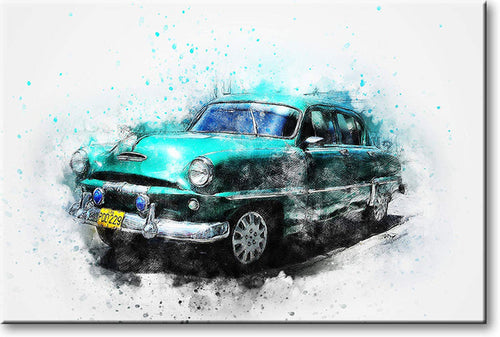 Classic Antique Blue Car Picture on Stretched Canvas, Wall Art Décor, Ready to Hang