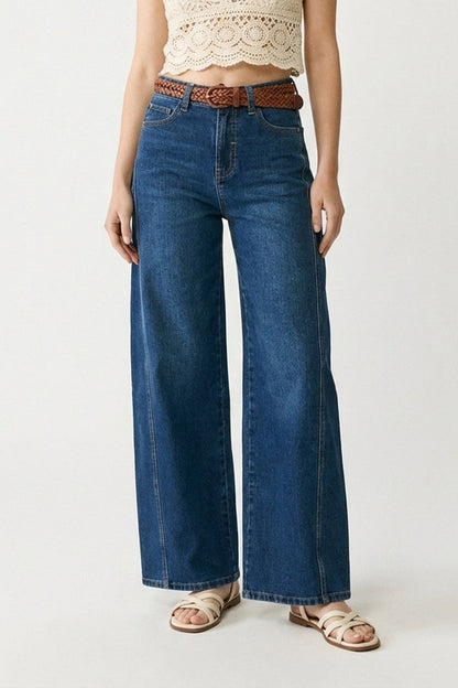 Classic Blue Denim Wide-Leg Jeans with Seam - Denim