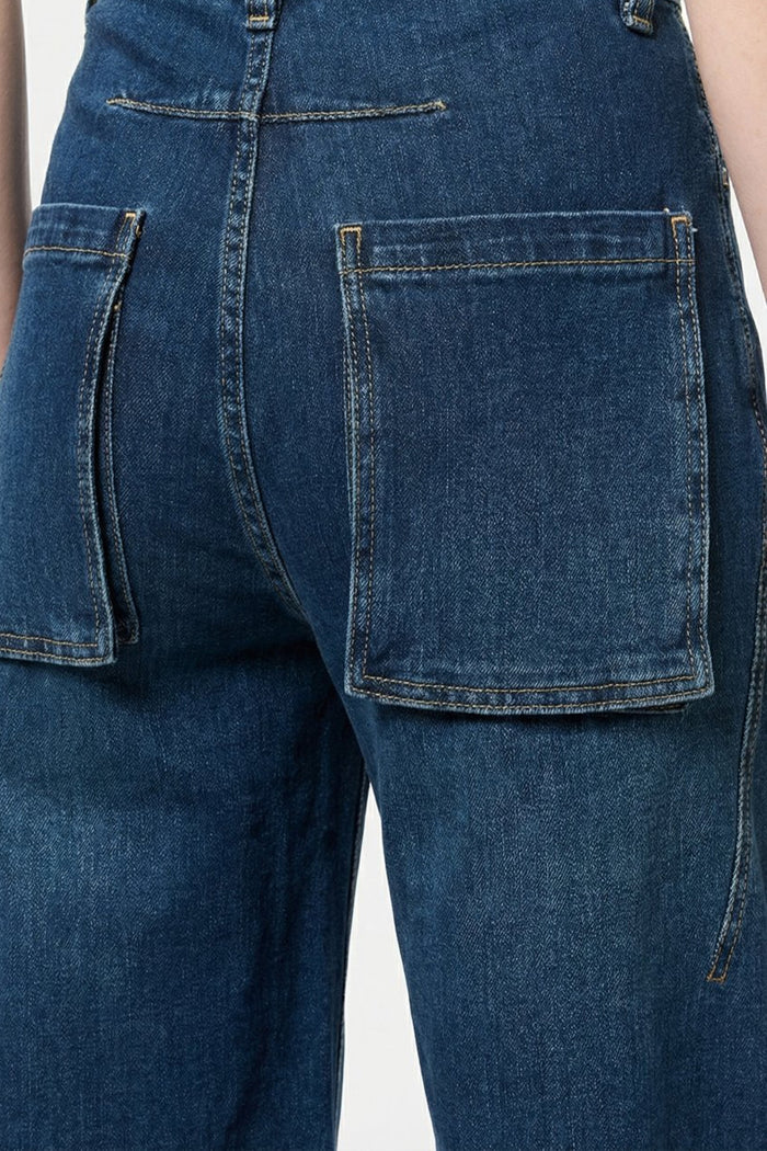Classic Blue Denim Wide-Leg Jeans with Seam - Denim