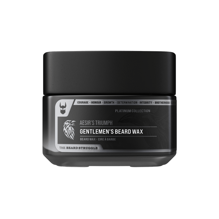Clear Mustache Wax jar in Aesir's Triumph scent, Platinum Collection beard and moustache wax. The Beard Struggle