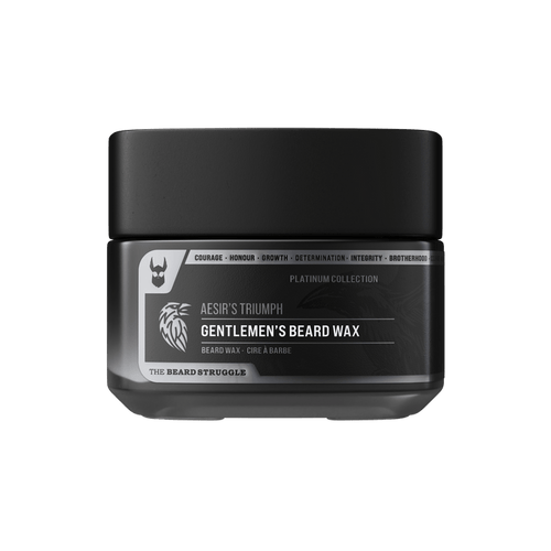 Clear Mustache Wax jar in Aesir's Triumph scent, Platinum Collection beard and moustache wax. The Beard Struggle
