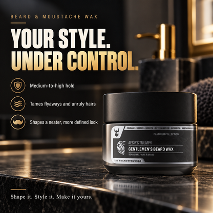 Clear Mustache Wax jar in Aesir's Triumph on a marble bathroom counter, headline Your Style Under Control, medium-to-high hold, tames flyaways, shapes a neater look