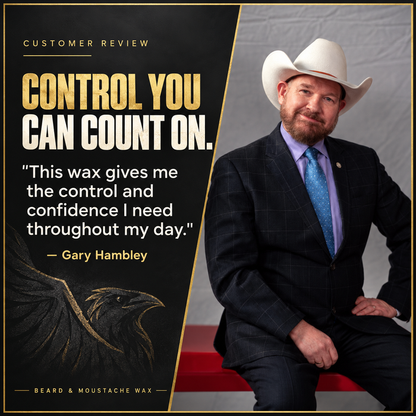 Customer review of Clear Mustache Wax from Gary Hambley in a white cowboy hat and suit, headline Control You Can Count On