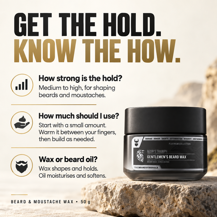 Clear Mustache Wax 50 g jar in Aesir's Triumph on a rock, headline Get the Hold Know the How, answers on hold strength, how much to use and wax versus beard oil