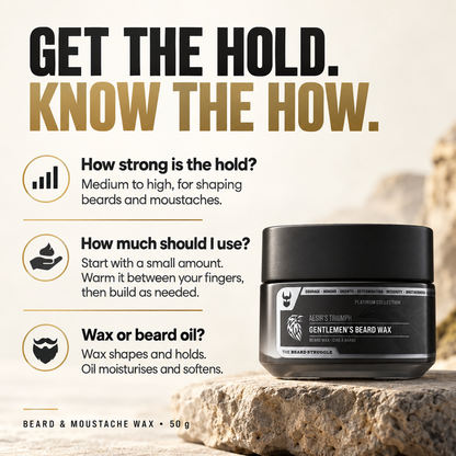 Clear Mustache Wax 50 g jar in Aesir's Triumph on a rock, headline Get the Hold Know the How, answers on hold strength, how much to use and wax versus beard oil
