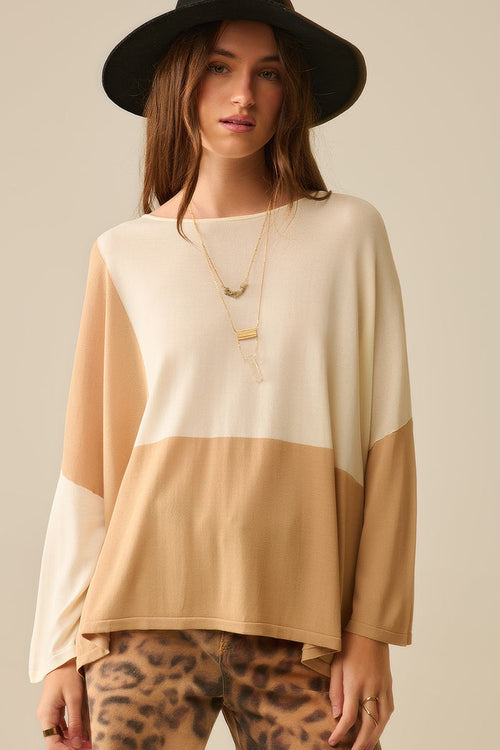 Color Block Bat Wing Sweater In White and camel