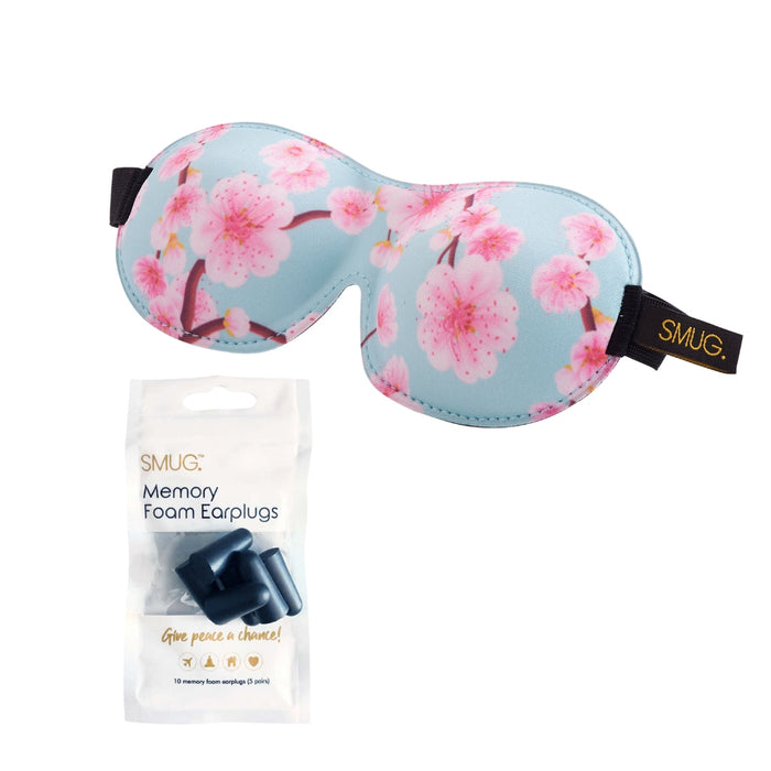 Contoured 3D Blackout Sleep Mask - Cherry Blossom Print Sleep Mask & Black Earplugs - Contoured Sleep Mask