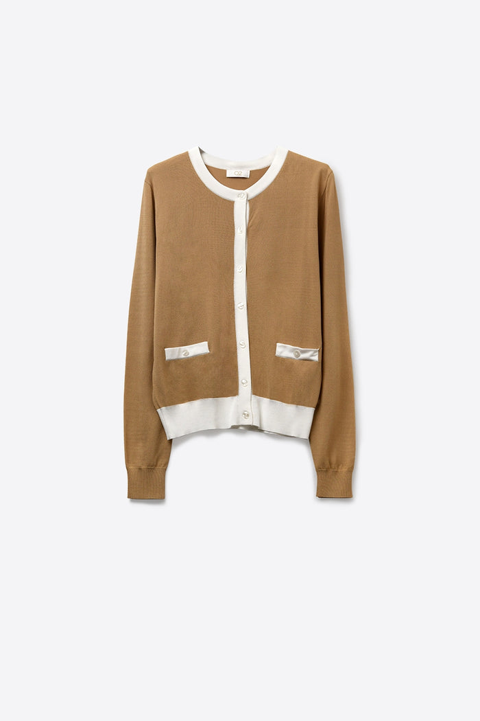 Contrast Trim Classic Button Cardigan in camel