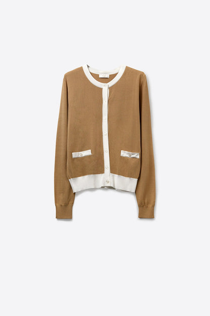 Contrast Trim Classic Button Cardigan in camel