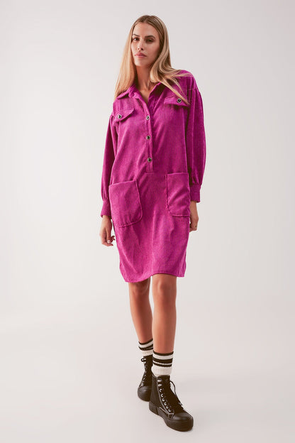 Cord mini shirt dress in fuchsia - dress