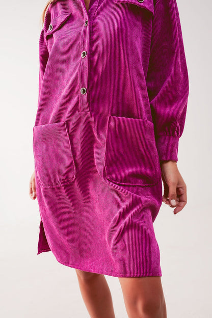 Cord mini shirt dress in fuchsia - dress