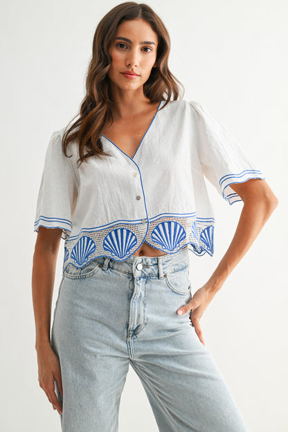 Cotton Crop Top With Shell Embroidered