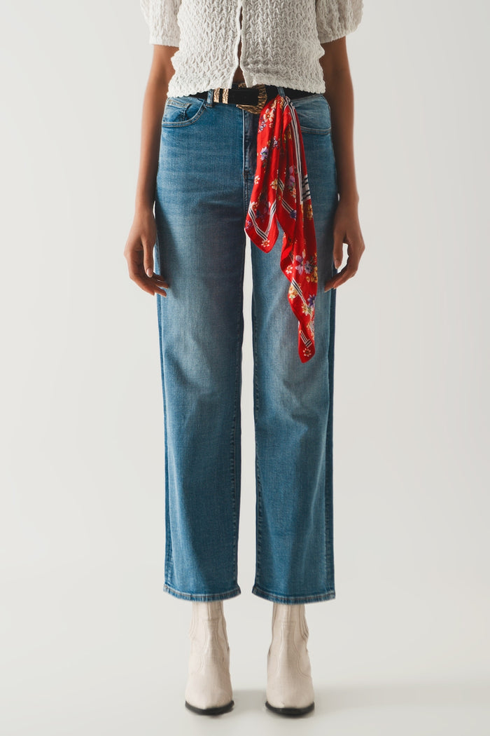 Cotton high waist straight leg jeans in vintage blue - Denim