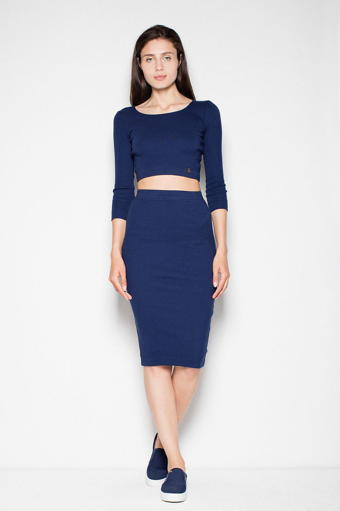 Cotton Set Long Sleeve Crop Top And Classic Cut Pencil Skirt navy blue - Sets