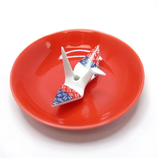 CRANE INCENSE HOLDER - White Brocade with Plate Set