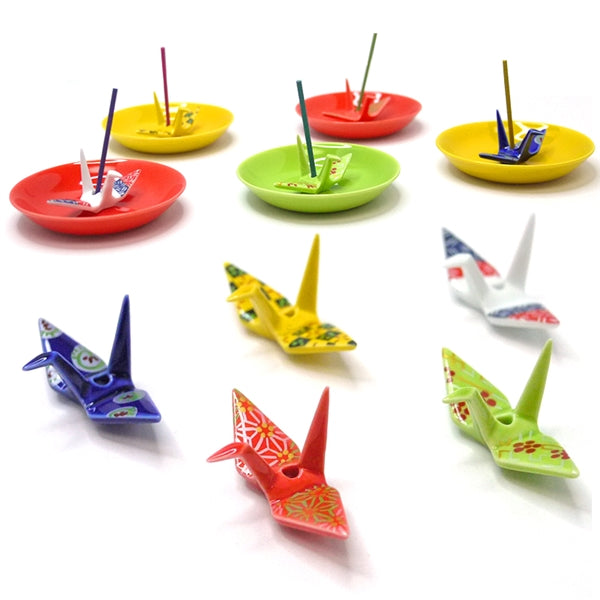 CRANE INCENSE HOLDER - White Brocade with Plate Set