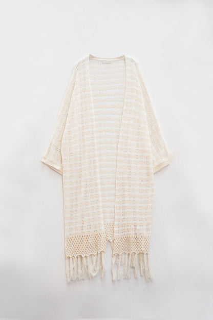 Cream Boho Style Cardigan With Stripes Pointelle Knit and Fringe Details