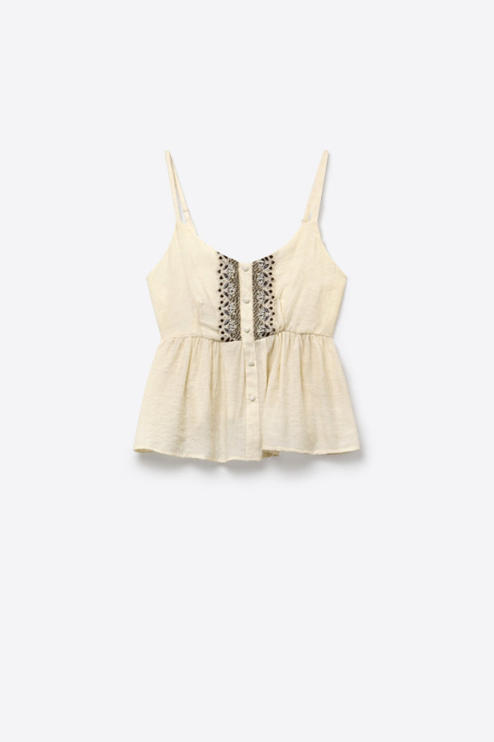 Cream Button-Front Peplum Top with Embroidered detail