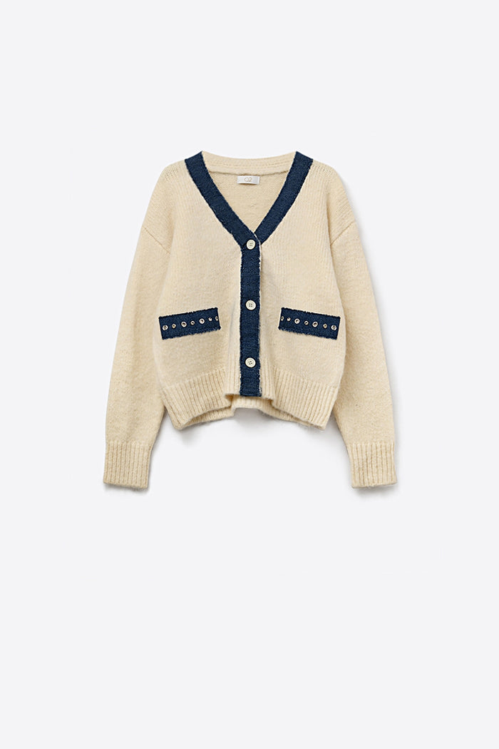 Cream cardigan with denim fabric details