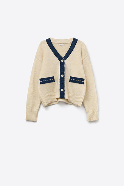 Cream cardigan with denim fabric details