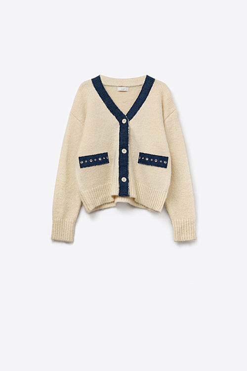 Cream cardigan with denim fabric details