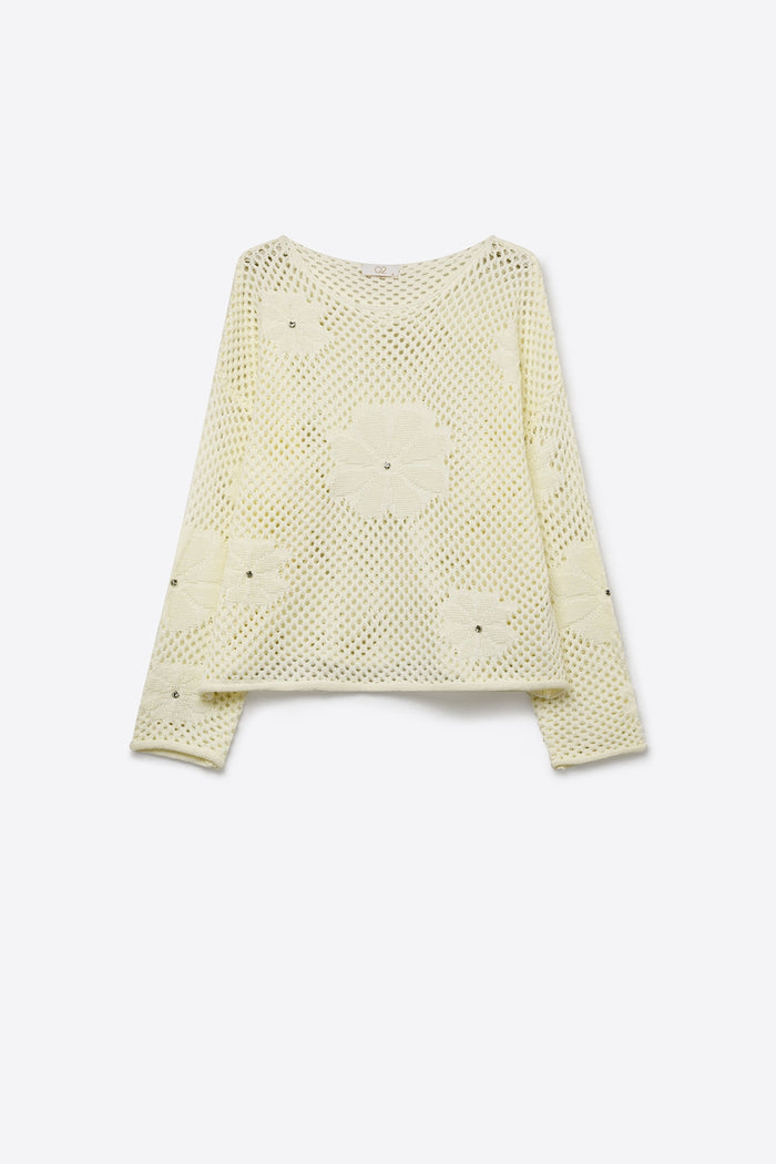 Cream Crochet Floral Accent With Diamante Long Sleeve Sweater