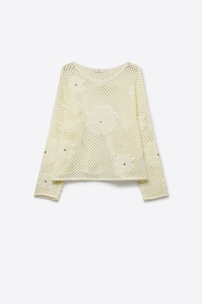 Cream Crochet Floral Accent With Diamante Long Sleeve Sweater