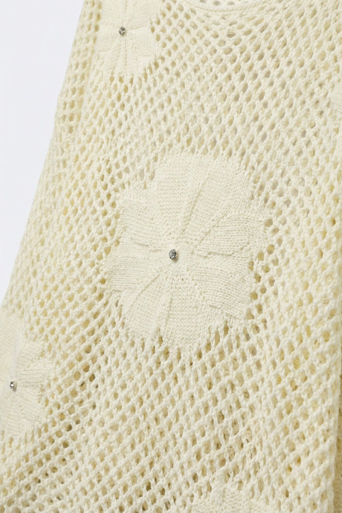 Cream Crochet Floral Accent With Diamante Long Sleeve Sweater