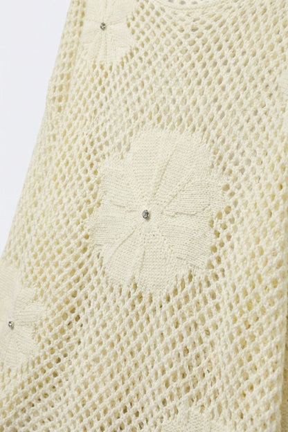 Cream Crochet Floral Accent With Diamante Long Sleeve Sweater