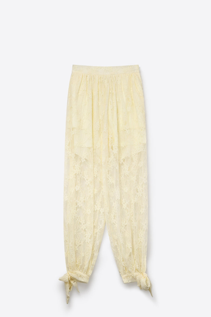 Cream Floral Lace Sheer Tie Hem Relaxed Fit Pants - trousers