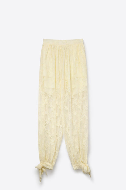 Cream Floral Lace Sheer Tie Hem Relaxed Fit Pants - trousers