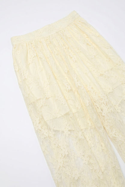Cream Floral Lace Sheer Tie Hem Relaxed Fit Pants - trousers