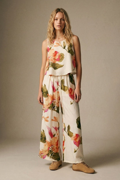 Cream Floral Print wide leg Pants with Elastic Waist - trousers