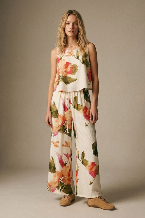 Cream Floral Print wide leg Pants with Elastic Waist - trousers