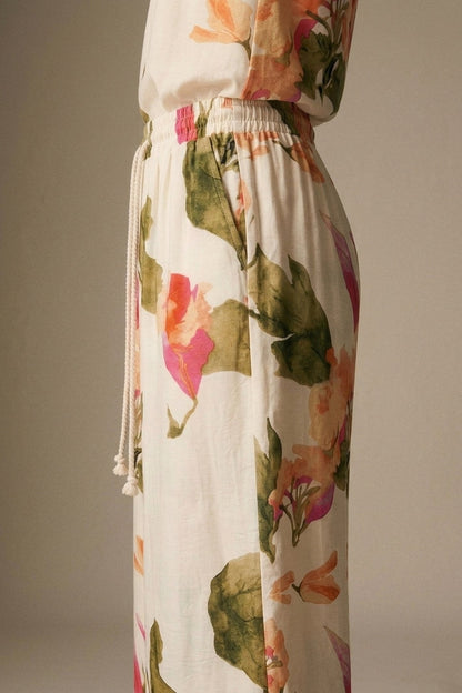Cream Floral Print wide leg Pants with Elastic Waist - trousers