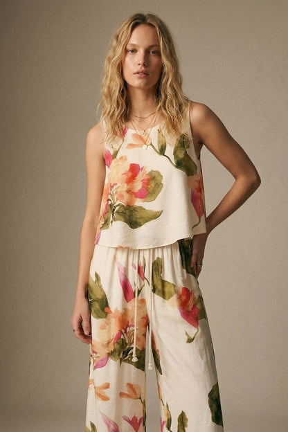 Cream Floral Print wide leg Pants with Elastic Waist - trousers