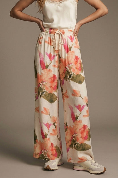 Cream Floral Print wide leg Pants with Elastic Waist - trousers