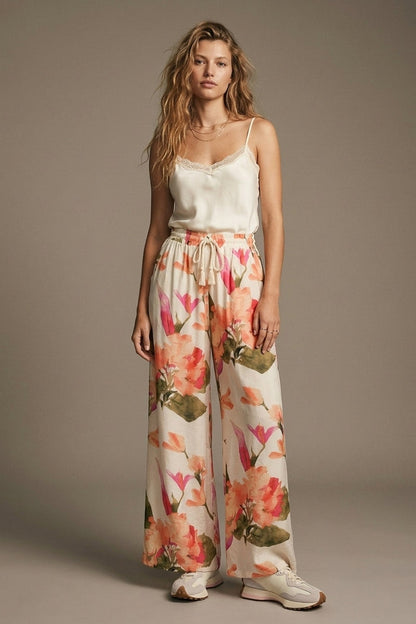 Cream Floral Print wide leg Pants with Elastic Waist - trousers