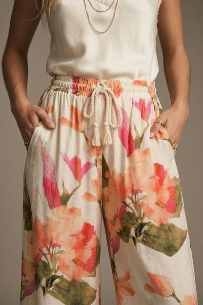 Cream Floral Print wide leg Pants with Elastic Waist - trousers