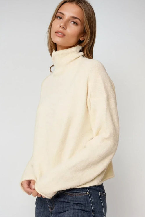cream fluffy high neck relax fit sweater