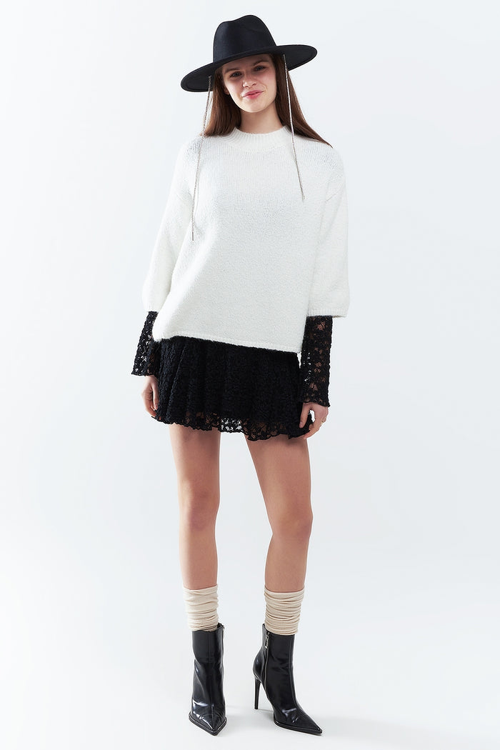 cream Fluffy sweater with three-quarter sleeves and round neck