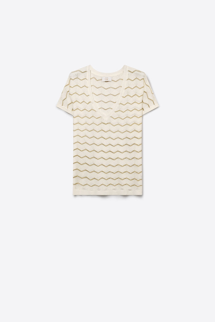 Cream Geo Knit V-Neck Short Sleeve Regular Fit Top