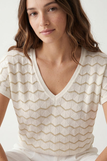 Cream Geo Knit V-Neck Short Sleeve Regular Fit Top