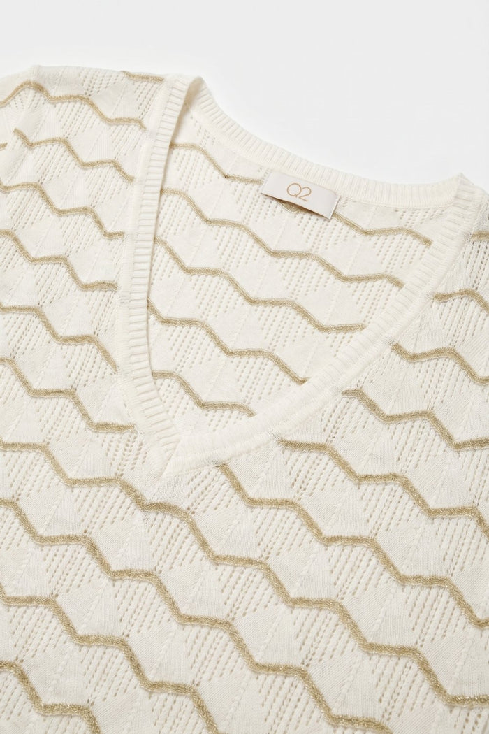 Cream Geo Knit V-Neck Short Sleeve Regular Fit Top