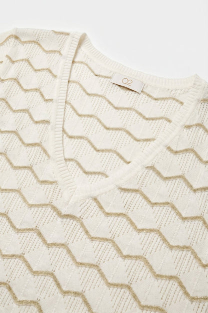 Cream Geo Knit V-Neck Short Sleeve Regular Fit Top