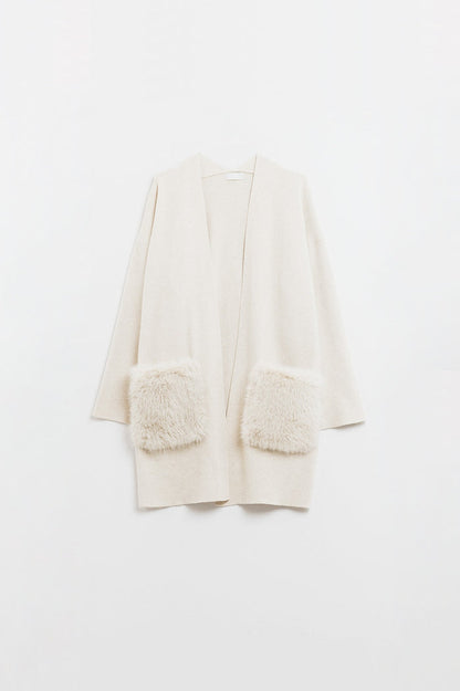 cream High quality knitted maxi cardigan with fur pockets