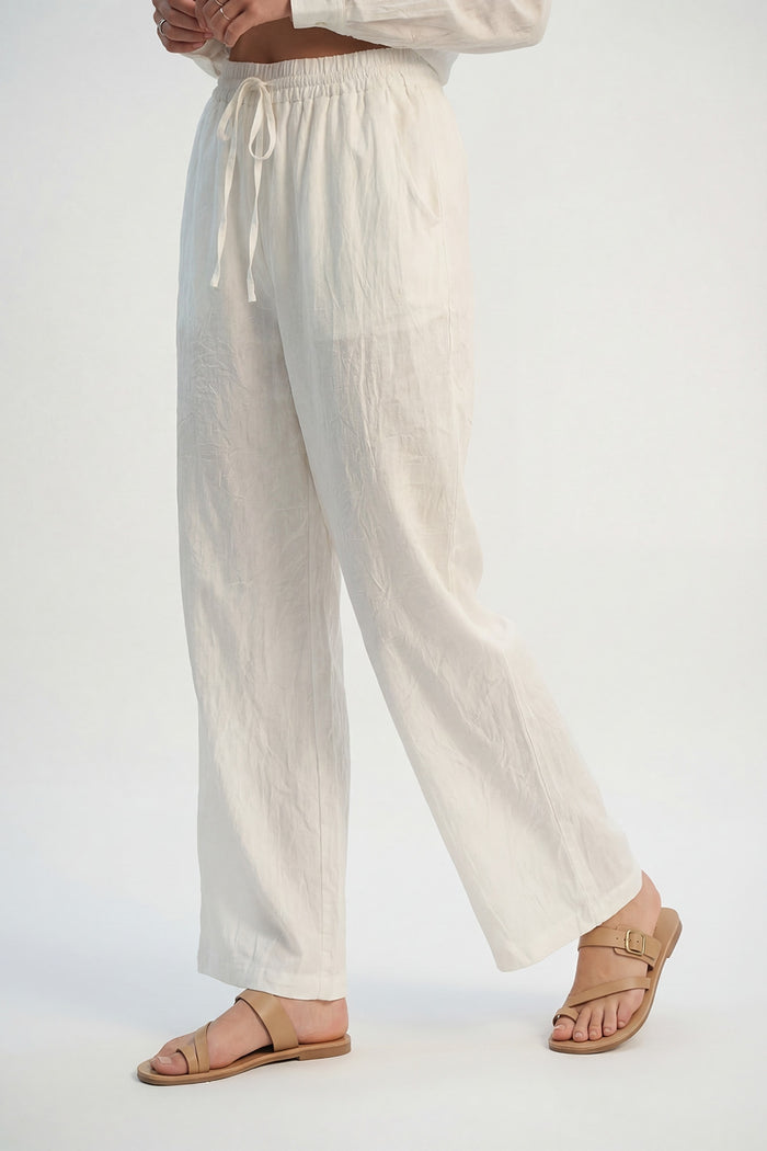 Cream Lightweight Crinkled Wide-Leg Pants with Elastic Waist - trousers