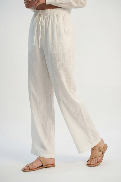 Cream Lightweight Crinkled Wide-Leg Pants with Elastic Waist - trousers