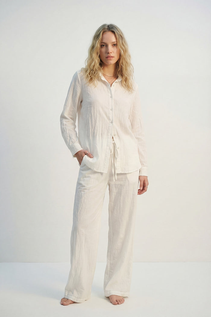 Cream Lightweight Crinkled Wide-Leg Pants with Elastic Waist - trousers