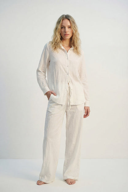 Cream Lightweight Crinkled Wide-Leg Pants with Elastic Waist - trousers